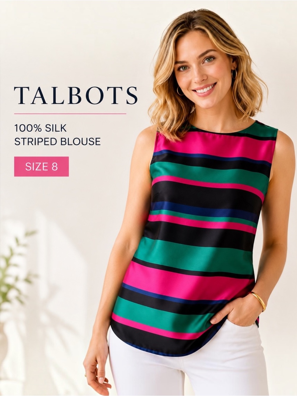 Talbots 100% Silk Blouse Size 8 Pink Green Striped Sleeveless Shell Top
